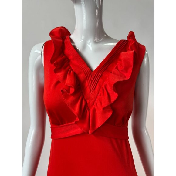 Vintage 1970s Jerell Of Texas Red Ruffled Maxi Dress Sleeveless V-Neck Belted Wa - Picture 2 of 16